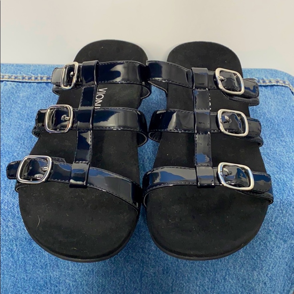 Vionic Black Patent Slides Buckle Sandal 10 Wide